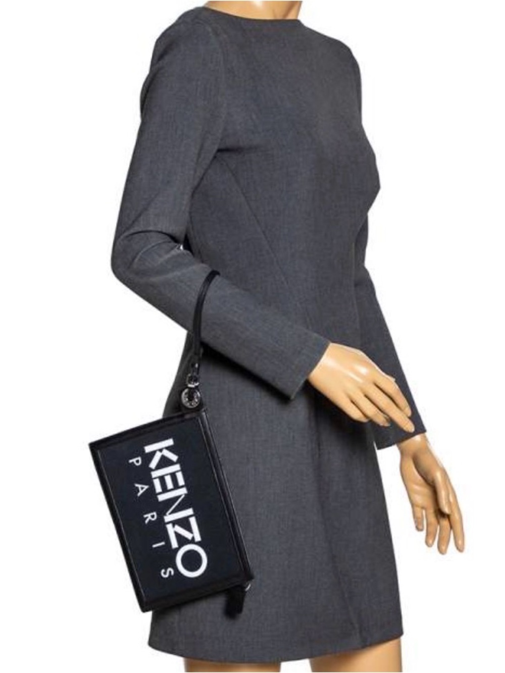 Kenzo Black Canvas Logo Wristlet with White Lettering